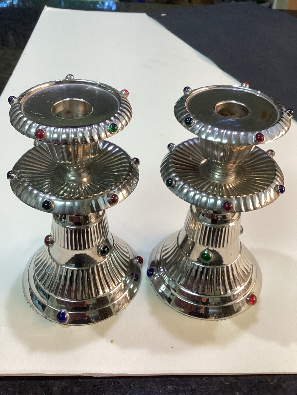 A Pair of Art deco Style Silver Chrome adorned with Jewels Candlestick holder